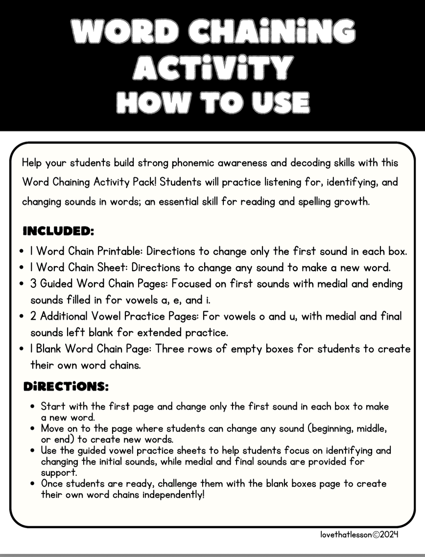 Word Chaining Activities for K–2 | Phonics Printables for Encoding, Decoding & Phoneme Substitution