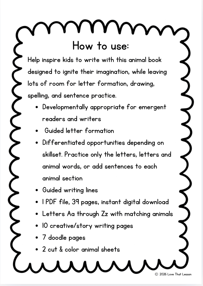 My Animal Handwriting Practice Book ~ Alphabet Tracing & Writing Printable, Aa-Zz, 39 Pages - Love That Lesson Shop