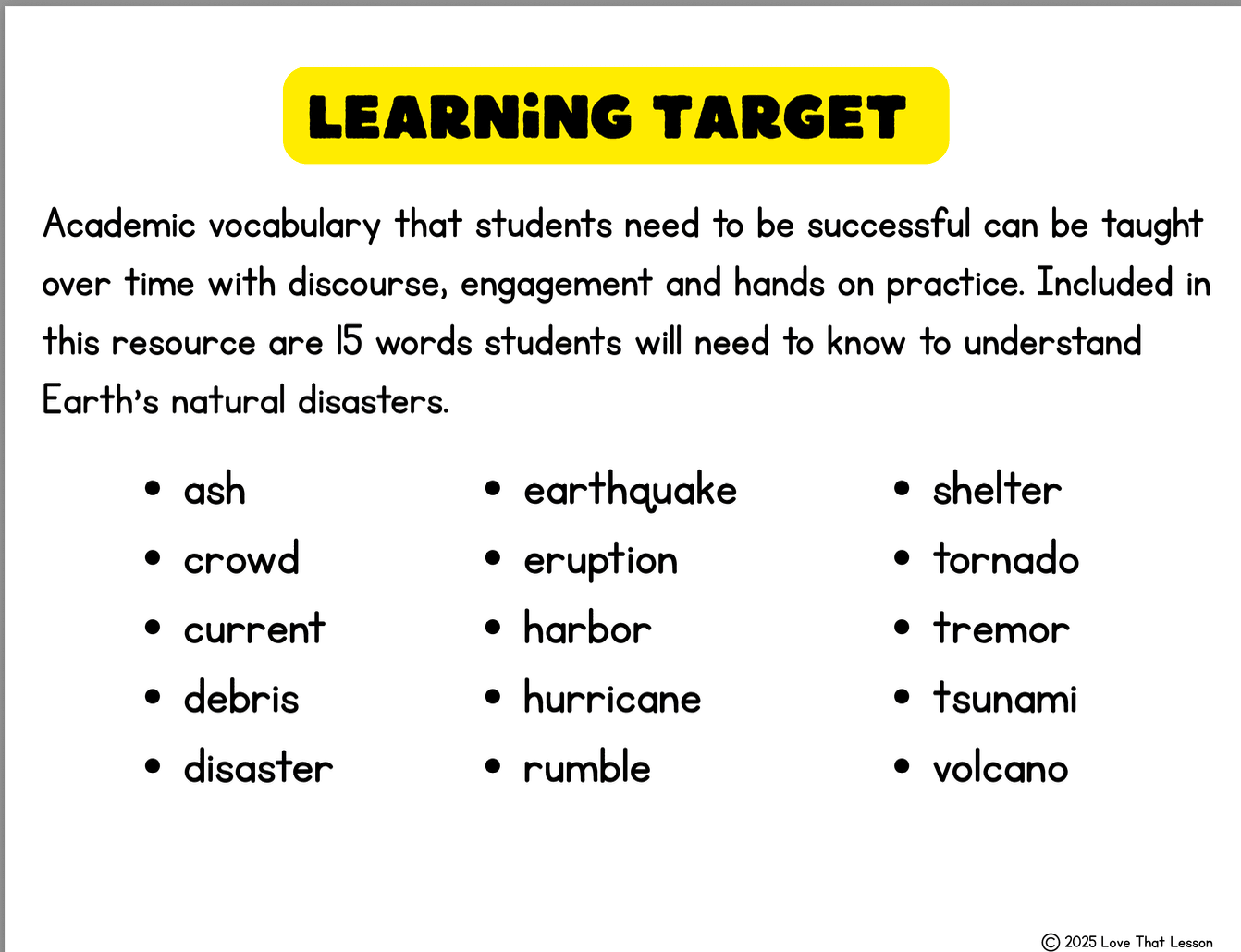 Natural Disasters Academic Vocabulary Word Wall | Earth Science | ESL & ELL Support - Love That Lesson Shop