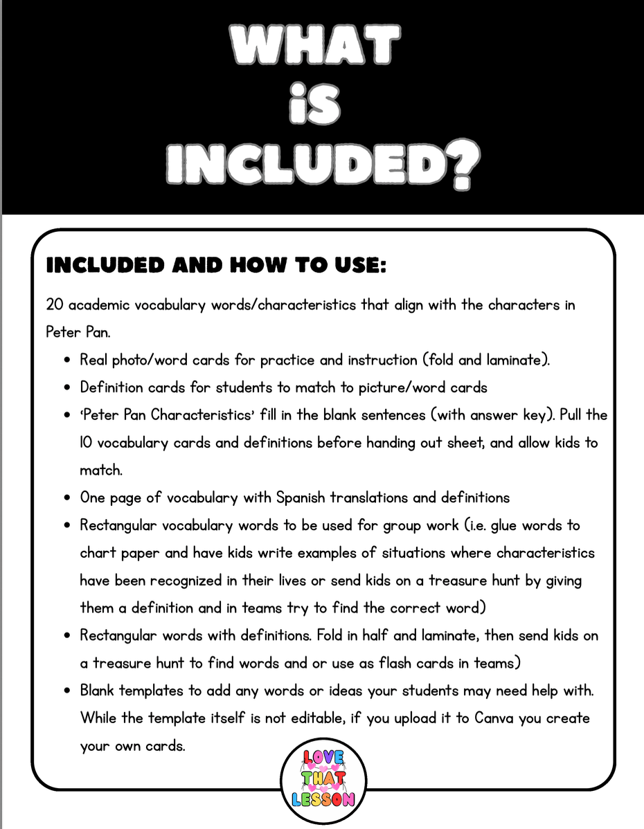 Peter Pan Character Traits Vocabulary Activities | 3rd Grade ESL & ELA | Multi - Sensory Learning - Love That Lesson Shop