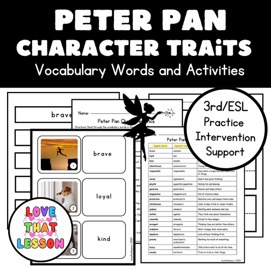 Peter Pan Character Traits Vocabulary Activities | 3rd Grade ESL & ELA | Multi - Sensory Learning - Love That Lesson Shop