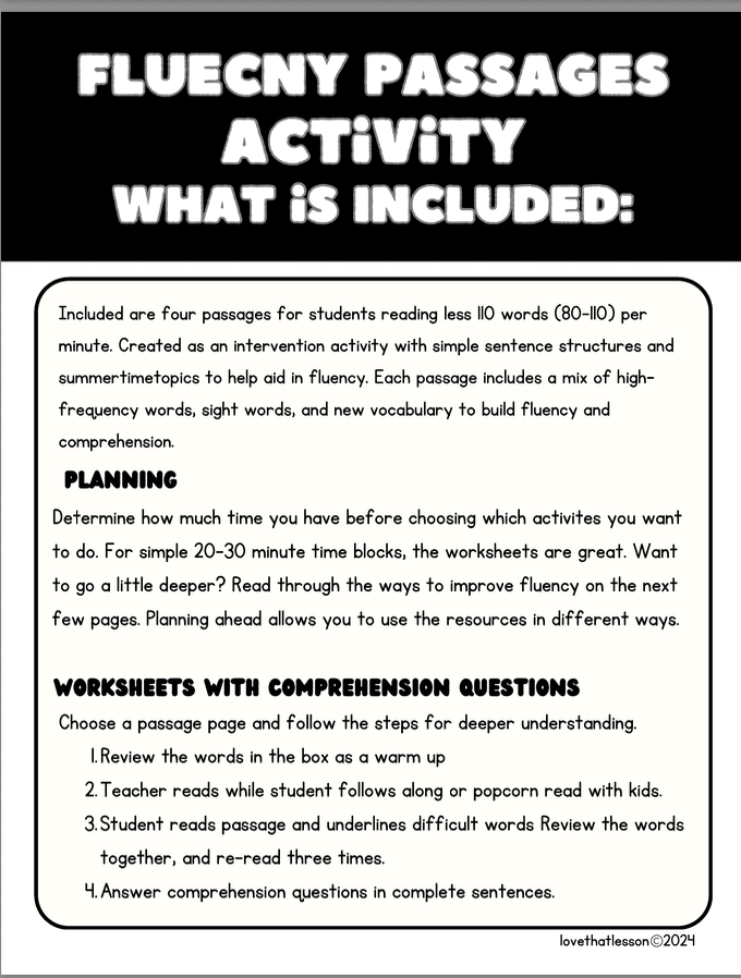 RTI Summer Oral Reading Fluency Passages | Fluency Tracker & Progress Monitoring | Reading Intervention - Love That Lesson Shop