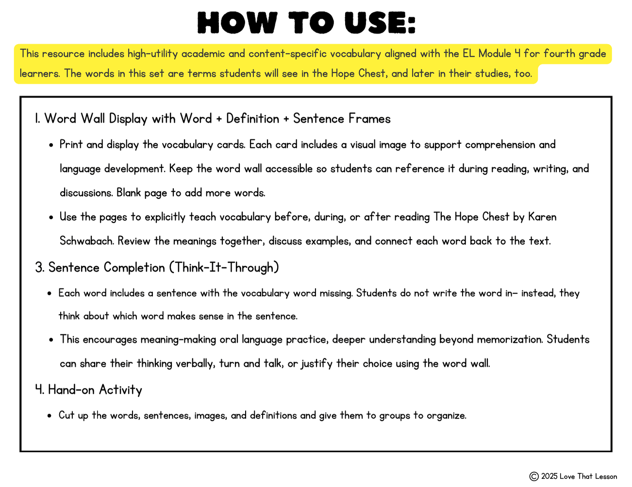 The Hope Chest Academic Vocabulary Word Wall | 4th Grade ELA & ESL | EL Module 4 - Love That Lesson Shop
